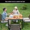 All Weather 5-Piece Patio Dining Table Sets, Patio Conversation Set Acacia Wood Table Top with Umbrella Hole, Rattan Outdoor, Coffee Brown Color