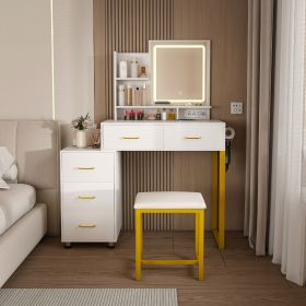 Makeup Vanity with LED Lights&3 Color and Power Outlet Makeup Vanity Table with 5 Drawers with Sturdy Metal Leg and Metal Chair Dressing Table for Bed