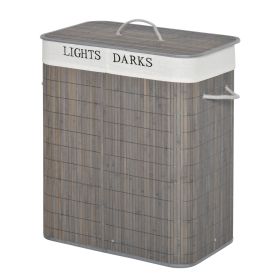 HOMCOM 26.4-Gals Bamboo Laundry Hamper with Lid and Handles, 2-Section Collapsible Laundry Basket, Gray