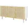 HOMCOM Boho Kitchen Cabinet, Buffet Cabinet with 3 Rattan Doors and Adjustable Shelves for Dining Room, White and Natural