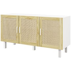 HOMCOM Boho Kitchen Cabinet, Buffet Cabinet with 3 Rattan Doors and Adjustable Shelves for Dining Room, White and Natural