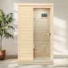 Hemlock Mini one person far infrared door on the Right of the indoor sauna room