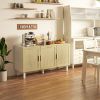 HOMCOM Boho Kitchen Cabinet, Buffet Cabinet with 3 Rattan Doors and Adjustable Shelves for Dining Room, White and Natural