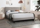 Modern Eye-Catching 1pc Queen Size Bed Light Brown Burlap Fabric Unique Diamond Design Headboard Bedframe