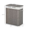 HOMCOM 26.4-Gals Bamboo Laundry Hamper with Lid and Handles, 2-Section Collapsible Laundry Basket, Gray