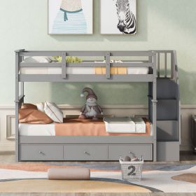 Stairway Twin-Over-Twin Bunk Bed with Three Drawers for Bedroom, Dorm - Gray (Color: gray)