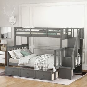 Stairway Twin-Over-Full Bunk Bed with Drawer;  Storage and Guard Rail for Bedroom;  Dorm;  for Adults (Color: gray)