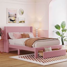 Full Size Storage Bed Velvet Upholstered Platform Bed with a Big Drawer (Color: Pink)