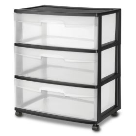 3 Drawer Wide Plastic Storage Cart with Clear Pull Out Drawers, Black (Color: Black)