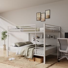 Full Over Full Bunk Bed, Heavy Duty Metal Bunk Bed Frame with Built-in Ladder and Safety Guard Rail, Low Metal Bunk Bed Frame for Kids (Main Material: Iron, Main Color: White)