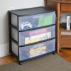 3 Drawer Wide Plastic Storage Cart with Clear Pull Out Drawers, Black